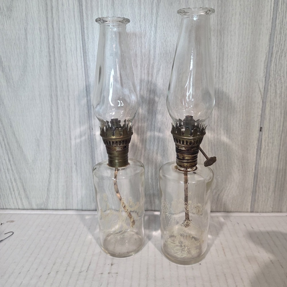 Vintage FF FOSTER FORBES Nativity Scene Miniature Oil Lamps Thick Glass